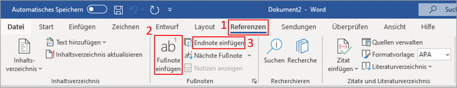 Über die Registerkarte in "Referenzen" können Sie leicht Fußnoten oder Endnoten einfügen lassen.