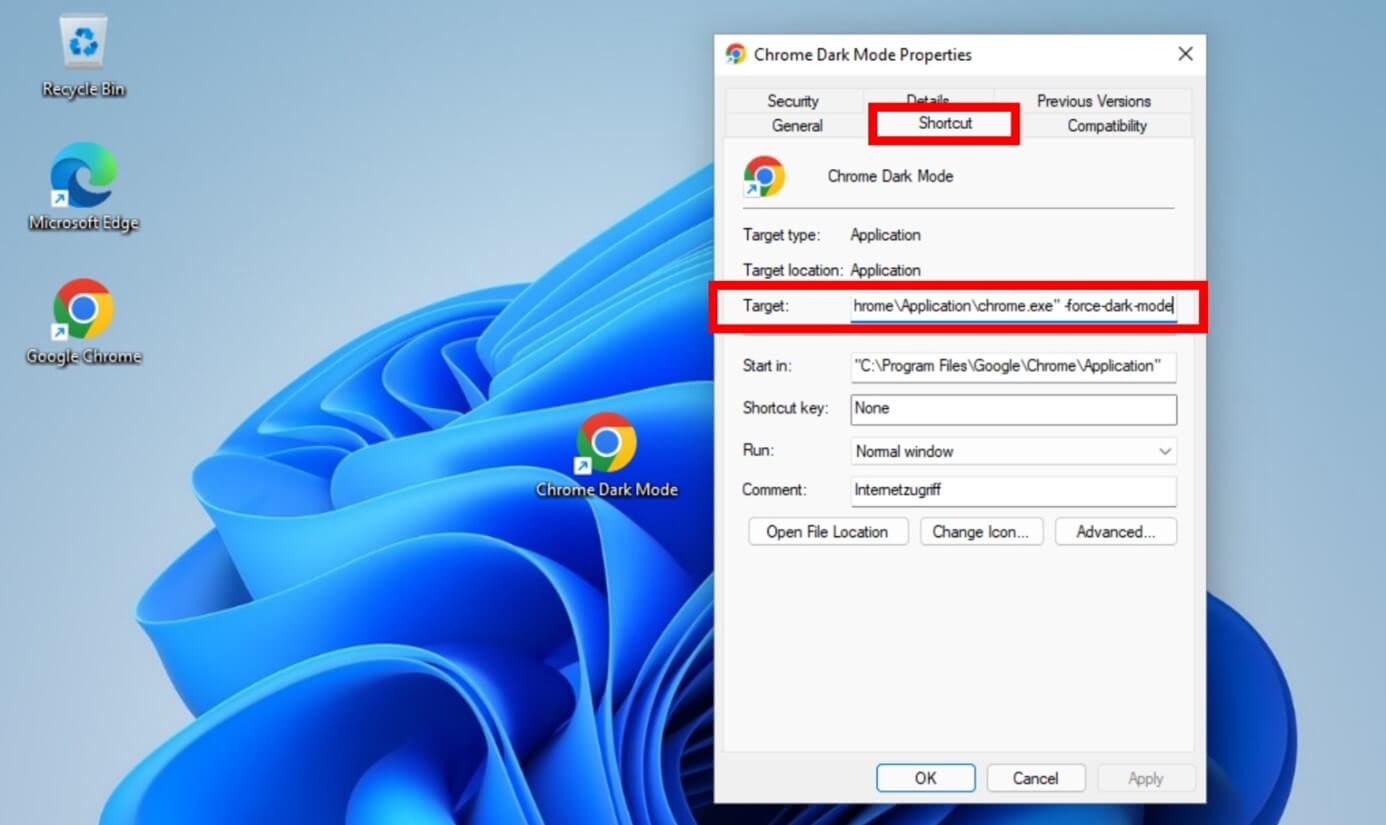 In den Eigenschaften Ihres neuen Chrome-Verknüpfungsfensters fügen Sie neben dem Ziel einen Leerraum ein und geben Sie "-force-dark-mode" ein.