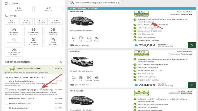 Tipp: Mietwagen-Selbstbehalts­ausschluss­versicherung statt teurer Aufpreis für 0€ Selbstbeteiligung