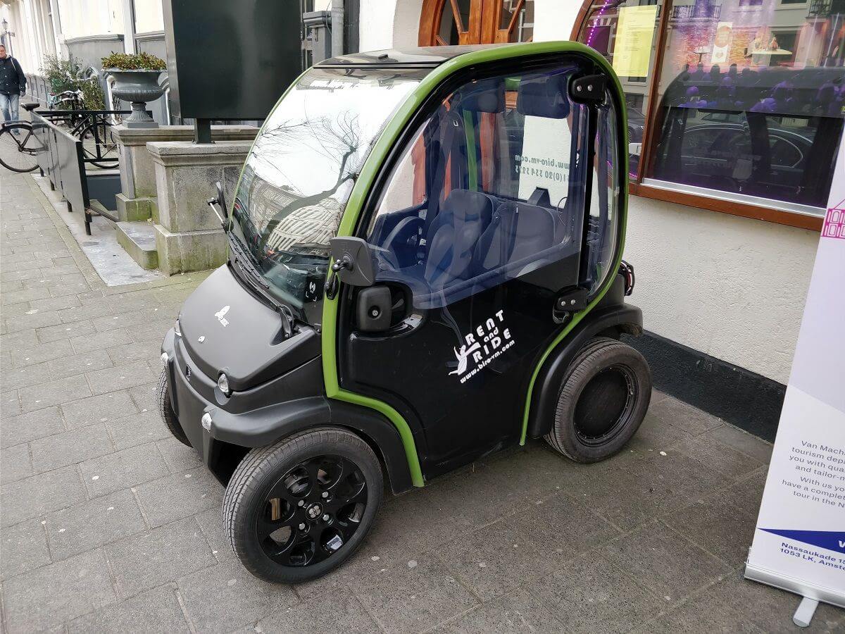 Startup company E-Ride rents out small electric cars in Amsterdam