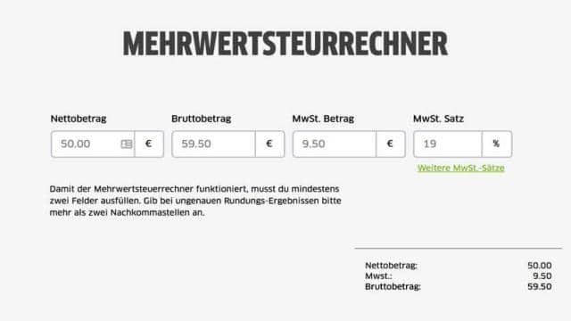 Mehrwertsteuer berechnen mit dem kostenlosen Mehrwertsteuerrechner