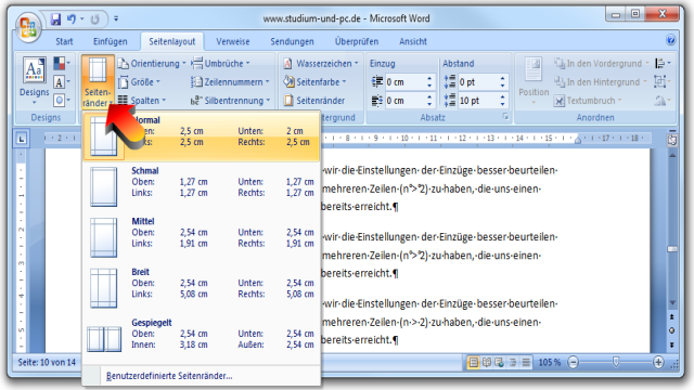 Word Seitenränder und Einzug