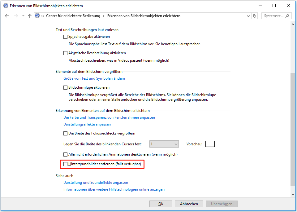 Option "Entfernen von Hintergrundbildern" deaktivieren