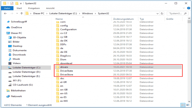 Windows 10 Treiber Speicherort: System32 Drivers/DriverStore-Ordner